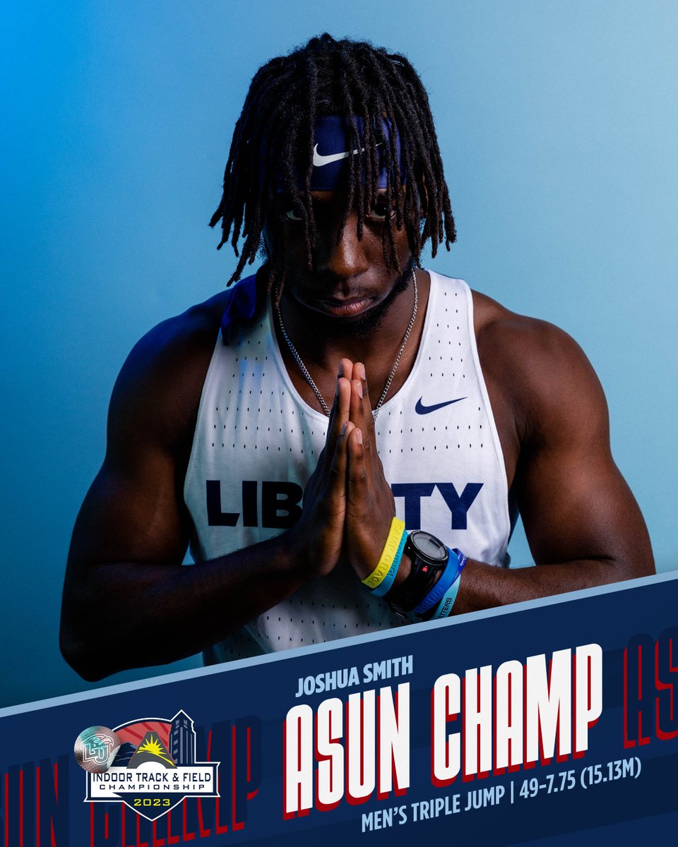 Freshman Joshua Smith pops a big PR 49-7.75 in round 6 to win the ASUN men's triple jump title!

Classmate Shane Wang (4th, 47-4.25) and Cole Peterlin (5th, 45-11.75) add key team points.

With 2 men's events remaining, Liberty leads KSU 219-168 and has clinched the team 🏆!