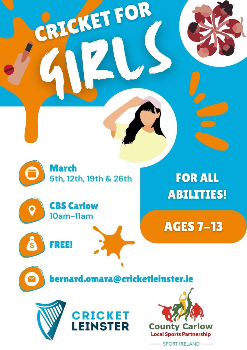 Kilkenny Cricket Club (@cricketkilkenny) on Twitter photo Calling out to all girls in the age group of 7-13.
FREE cricket training at CBS Carlow on every Sunday of March from 10am - 11am
To register, please contact Roy - 0894640414 or write to kkcc.secretary@kilkennycricket.com Calling out to all girls in the age group of 7-13.
FREE cricket training at CBS Carlow on every Sunday of March from 10am - 11am
To register, please contact Roy - 0894640414 or write to kkcc.secretary@kilkennycricket.com