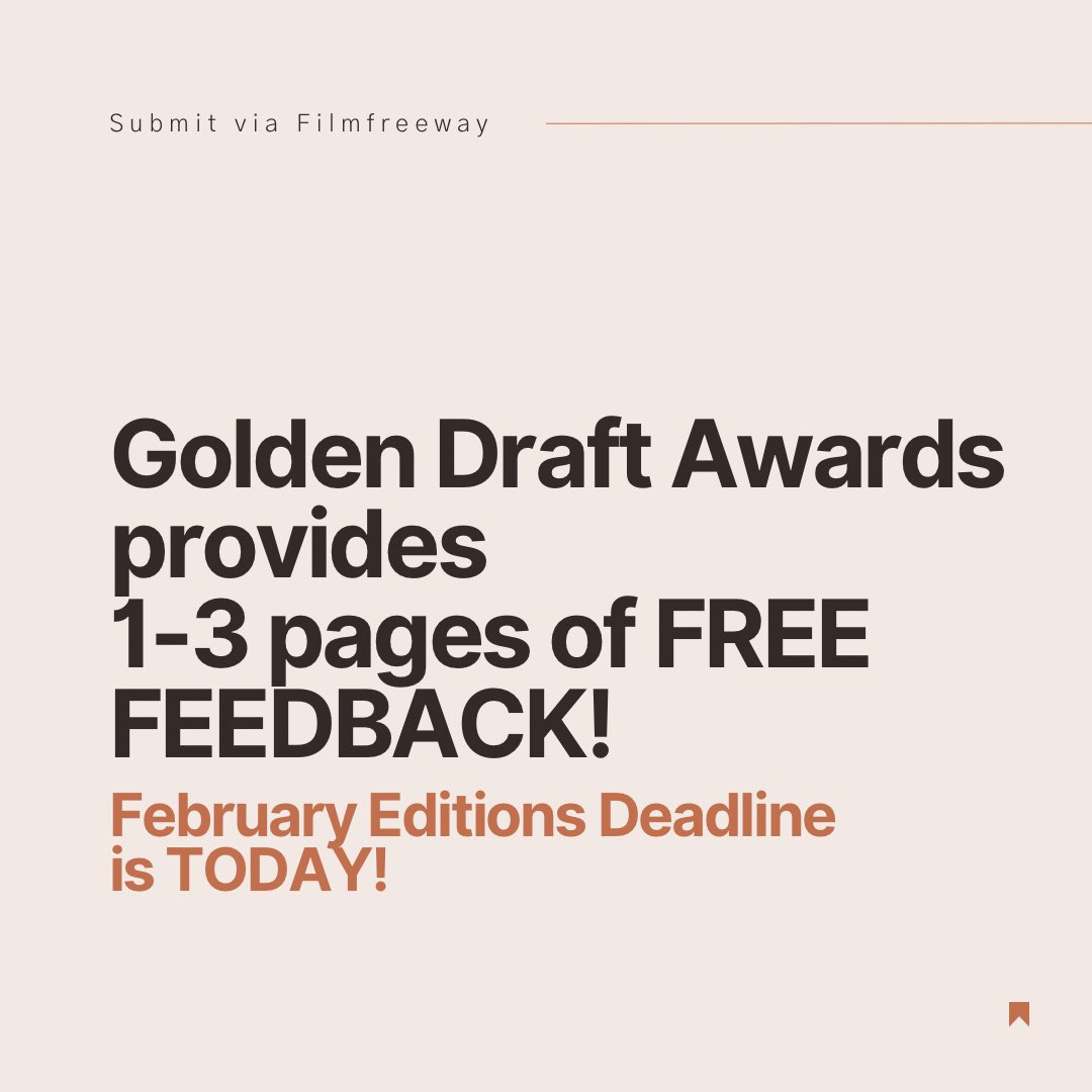 Golden Draft Awards provides FREE FEEDBACK!
1-3 pages of FREE FEEDBACK!

February Editions Deadline is Today!
Submit via:
Filmfreeway.com/GDA

#screenplay #shortstory #flashfiction #story #screenwriting #writerscommunity #WritingCommunity #prewga #writerslift #5amwritersclub