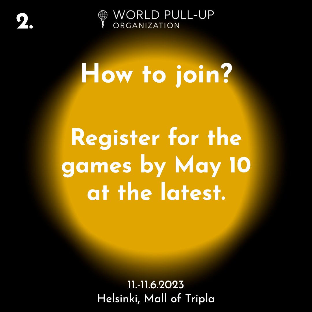 WorldPullUp's tweet photo. Welcome to World Pull-Up Championships 2023! 

Read joining instructions on posts, or on https://t.co/OJZ40daDLk website! 

#worldpullup #crossfit #sports #finland #weightedpullup https://t.co/IzkWbNaMd3