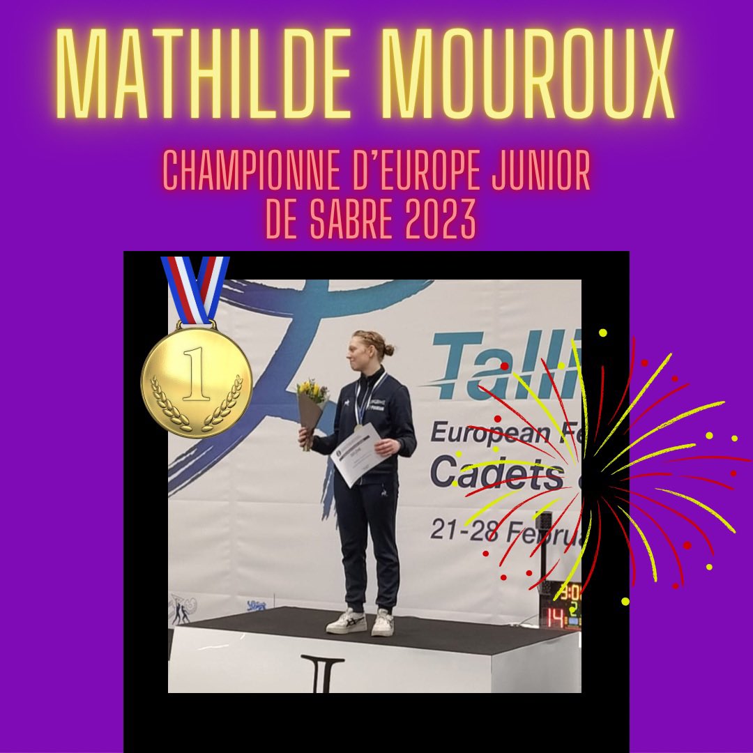 MATHILDE MOUROUX 

CHAMPIONNE D’EUROPE JUNIOR 2023 de sabre !!!!!!!!

🥇🥇🥇🥇🥇🥇🥇🥇🥇🥇🥇

👏👏👏👏👏👏👏👏👏👏👏