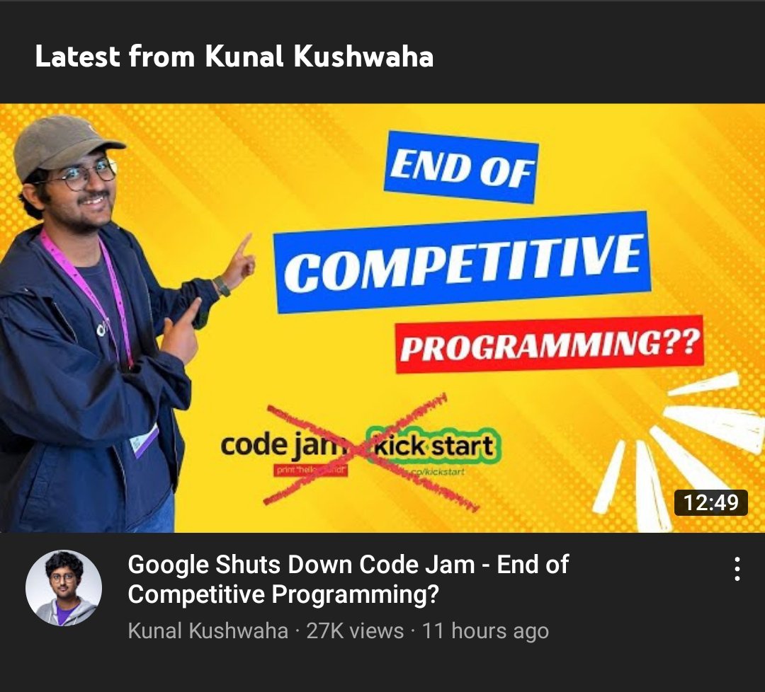 adisuyash's tweet image. #Google #kickstart #hashcode #codejam all have been closed permanently.
Thanks to @kunalstwt for his latest video about this huge update.
Last #opportunity for skilled ones. Go showcase them. Don't ask for my skills, I'm a noob😶🌫️