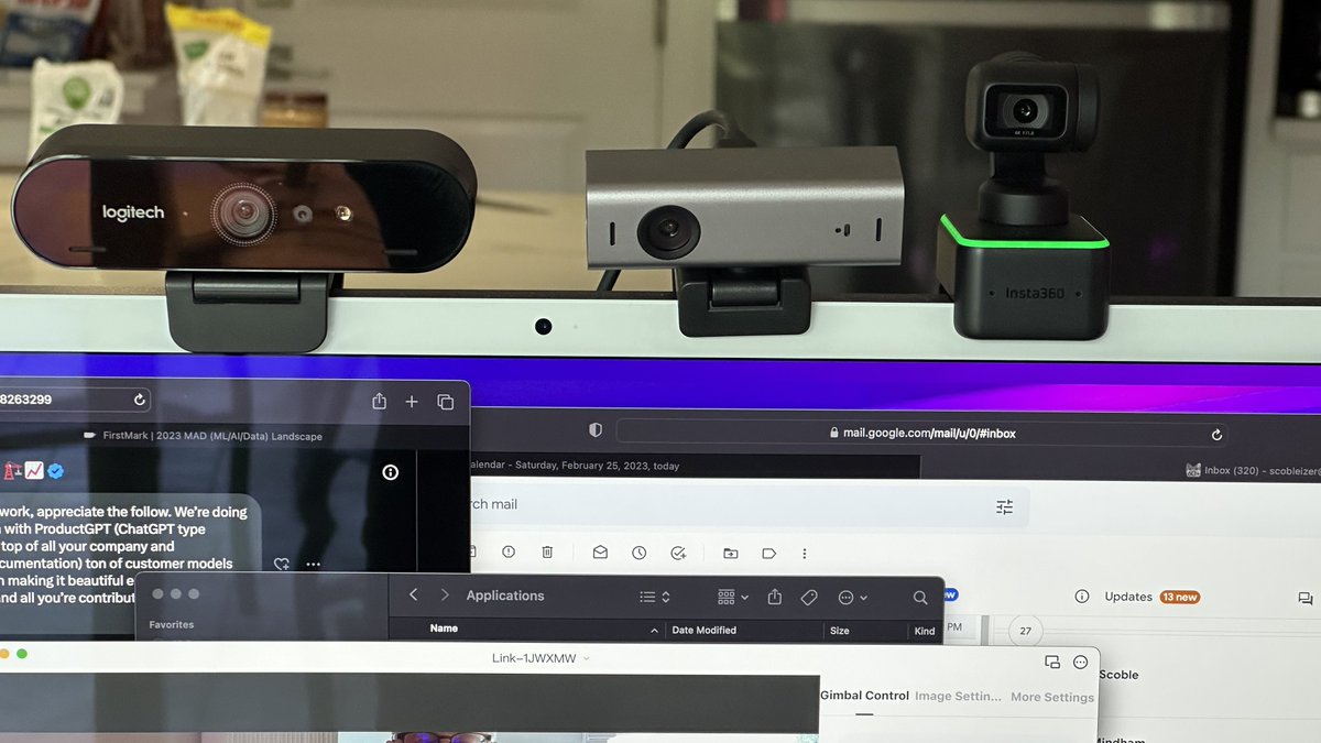 I might have a Webcam problem. 

My favorite? <a href="/insta360/">Insta360</a> follows me around so I can walk around on zoom calls. 

For most people who usually sit in one place? The <a href="/get_lumina/">Lumina</a> is easier to deal with.

All of them are better than the one Apple built in. 

Any questions?