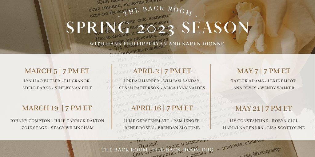 Spring Season at @BackRoomAuthors, and LOOK at the amazing authors @HankPRyan & @KarenDionne are hosting! You can interact directly with all 4 speakers. MAR 5: @shelbyvanpelt @lynliaobutler @elicranor @adeleparks ! WOW! Reg: the-back-room.org