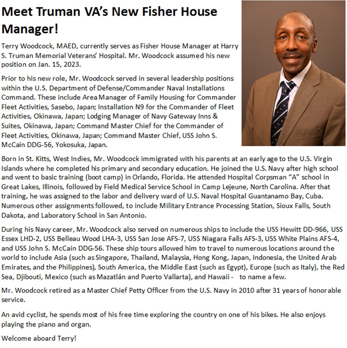 We are so excited to welcome Terry to the Mid-Missouri Fisher House!!!