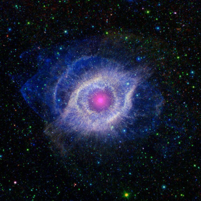 This object, called the Helix nebula, lies 650 light-years away, in the constellation of Aquarius. Also known by the catalog number NGC 7293, it is a typical example of a class of objects called planetary nebulae.

Image Credit: NASA/JPL-Caltech