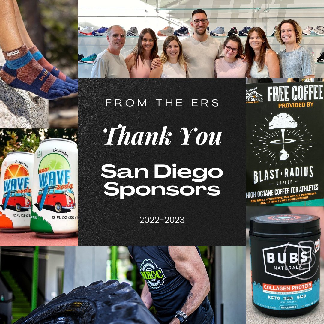 ERS_events's tweet photo. As we come to a close of our San Diego season, we would like to thank all of our San Diego sponsors for being a part of the ERS Sunshine Series!

@fleetfeetsandiego
@mrocarmy
@bubsnatural
@injinji
@blastradiuscoffee
@newwavesoda

#ERSevents #SunshineSeries https://t.co/sCa28zhV3B