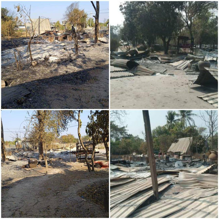 Junta troops raided & torched PaukChaing village in Sagaing's Shwebo tsp for 3rd time on Feb21, & 57 houses together with houses that have been rebuilt after their 1st 2 arson attacks.  #VillagesBurntDownByJunta #2023Feb25Coup #WhatsHappeningInMyanmar