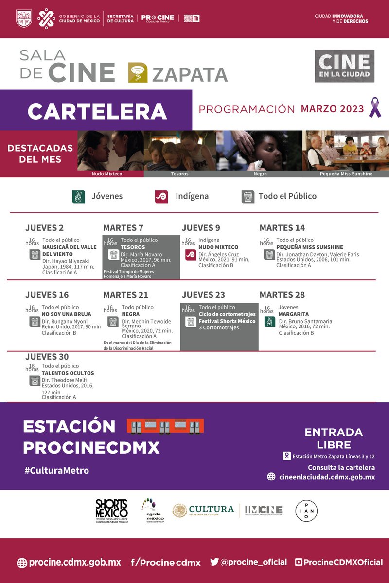 #Cartelera #Marzo
Estas son las películas que podrás ver en la sala de #cine del <a href="/MetroCDMX/">MetroCDMX</a> #Zapata🤩 

🟣 #TiempoDeMujeres 
🎞 #Tesoros homenaje <a href="/maria_novaro/">Maria Novaro</a> 

🟣 🎞#Negra 

🟣 Ciclo de cortometrajes <a href="/shortsmexico/">Shorts México</a> 

✅ ENTRADA LIBRE 
➤ bit.ly/3IrZ1Ur

#CineEnElMetro