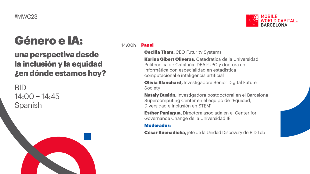 Nataly Buslón, PhD (@buslonnataly) on Twitter photo ➡️El próximo 28/02 14:00hrs hablaremos de #IA #Género #Inclusión y #Equidad en el stand de <a href="/MWCapital/">Mobile World Capital Barcelona</a> con <a href="/CeciliaMTham/">Cecilia M Tham</a>, <a href="/KarinagibertK/">kg</a>, <a href="/Olivia_bw/">Olivia Blanchard</a>, <a href="/BuslonNataly/">Nataly Buslón, PhD</a>, <a href="/cesarbuenadicha/">cesar buenadicha</a> y @cesarr_rosales. ¡Les esperamos! ➡️El próximo 28/02 14:00hrs hablaremos de #IA #Género #Inclusión y #Equidad en el stand de <a href="/MWCapital/">Mobile World Capital Barcelona</a> con <a href="/CeciliaMTham/">Cecilia M Tham</a>, <a href="/KarinagibertK/">kg</a>, <a href="/Olivia_bw/">Olivia Blanchard</a>, <a href="/BuslonNataly/">Nataly Buslón, PhD</a>, <a href="/cesarbuenadicha/">cesar buenadicha</a> y @cesarr_rosales. ¡Les esperamos!