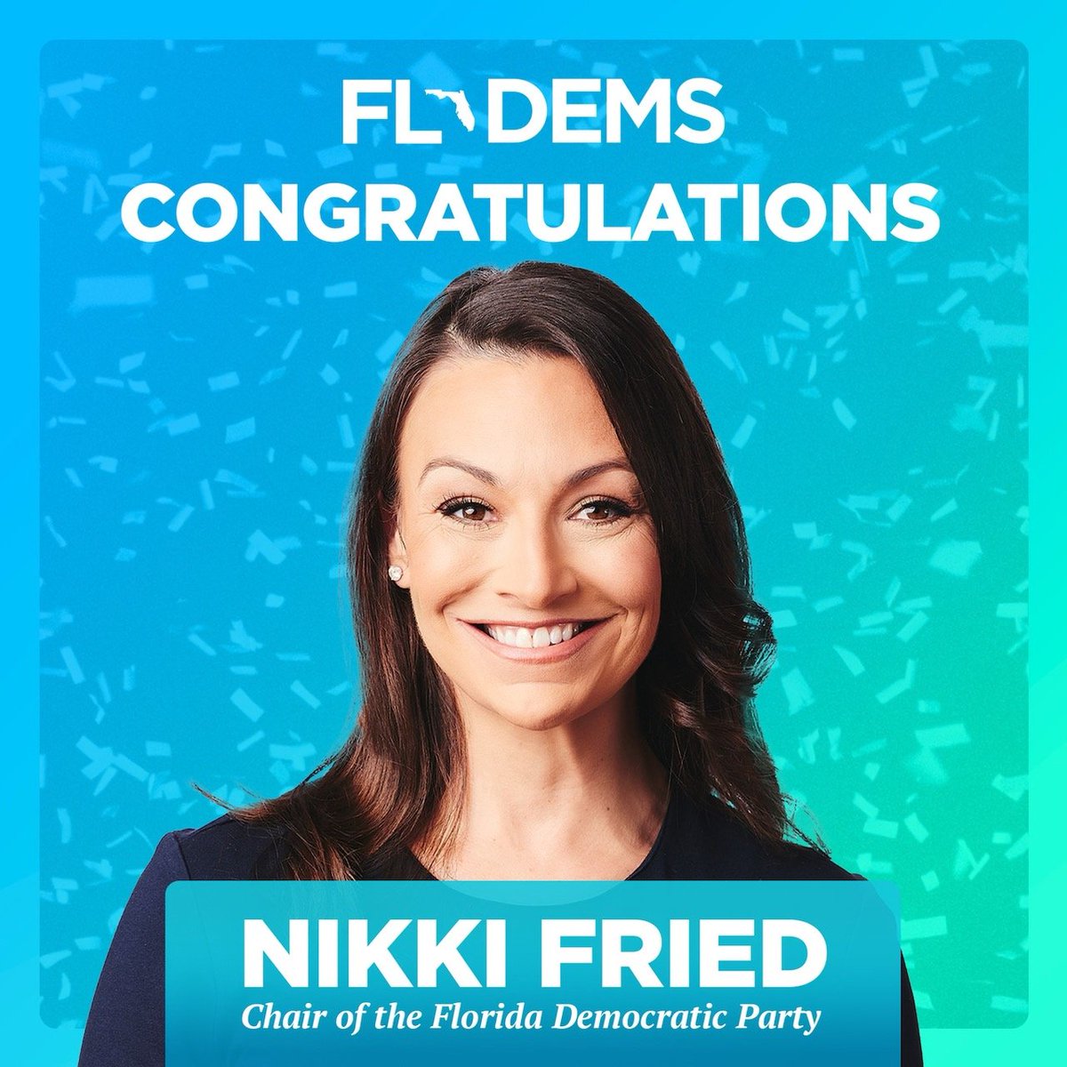 The Florida Democratic Party congratulates @NikkiFried on being elected to lead our party as the new Chair. We look forward to working together to elect Democrats up and down the ballot to deliver for Floridians.