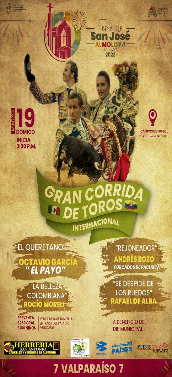 Almoloya MEX anuncian corrida mixta el 19 de marzo con toros de Valparaíso para el rejoneador <a href="/Andresrozov/">Andres Rozo</a> a pie <a href="/elpayo_/">El Payo</a>, <a href="/RocioMorellic/">Rocio Morelli</a> y la despedida de Rafael de Alba <a href="/portaltaurino/">Portal Taurino</a>