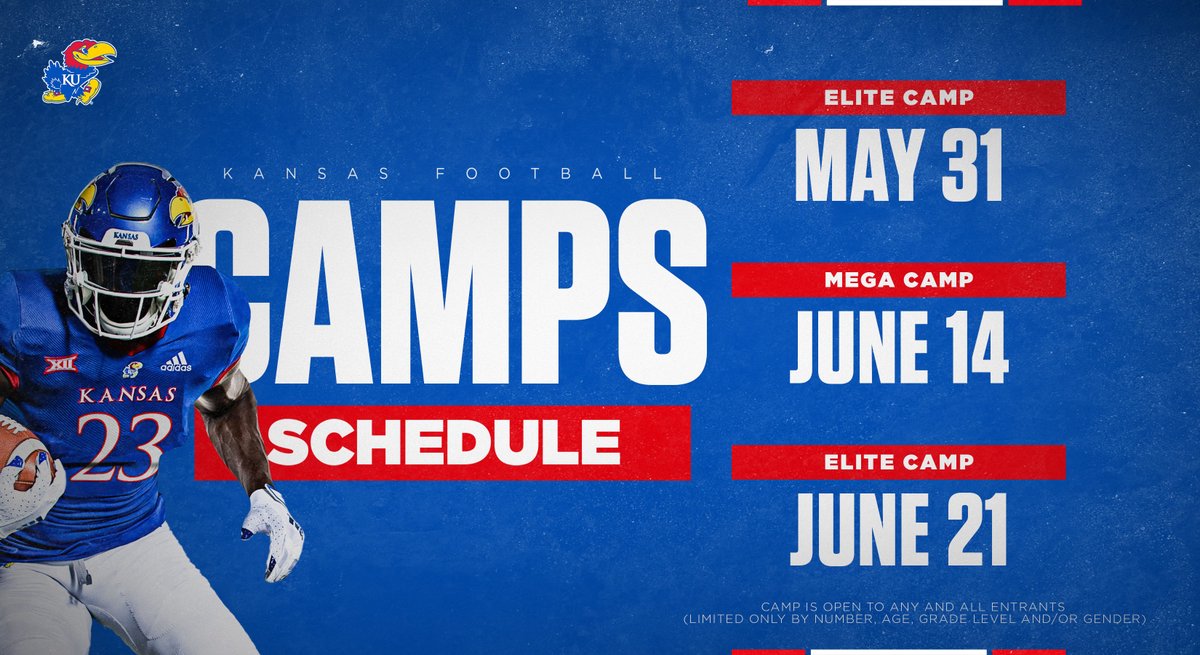 The dates are set for our official 2023 Kansas Football camps 🗓️

Don't miss out, register today at kufootballcamps.com!