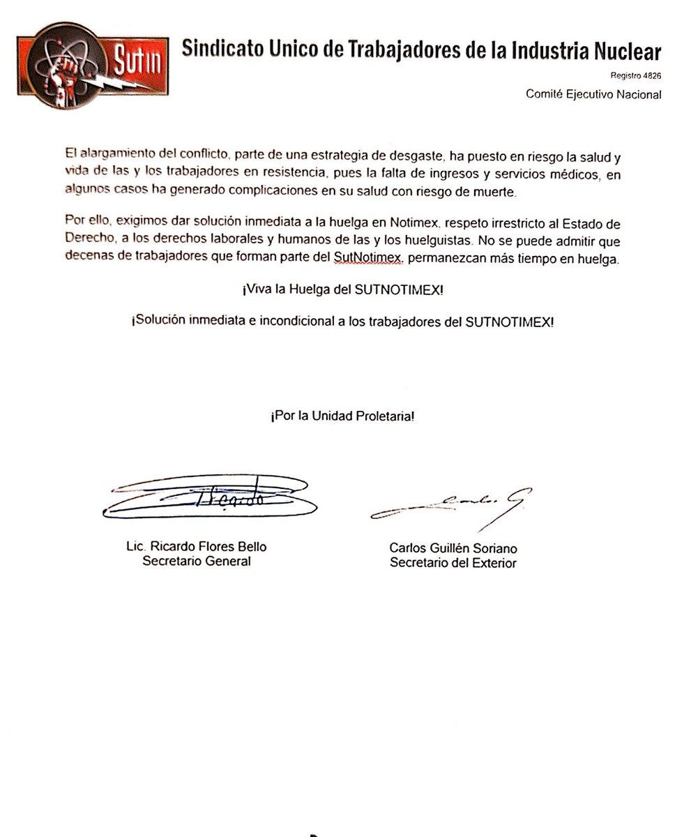 #HuelgaNotimexTresAños 
#SutNotimexEnPieDeLucha

Agradecemos a las y los compañeros del <a href="/SindicatoNu/">SUTIN</a> por el acompañamiento que han hecho durante estos 3 años de huelga en <a href="/Notimex/">Notimex</a>, los cual nos ha impulsado para seguir en defensa de nuestros derechos humanos y laborales.