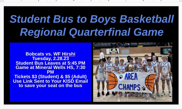 Bobcat Student Spirit Bus to Regional Quarterfinal Championship
🏀Sign Up Now!🏀