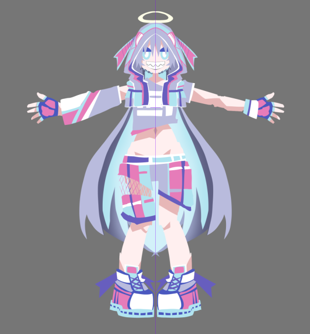 キャラデザする人10人中7人くらいやってるの見るし、やっぱりキャラクターをデザインするときは左右対称定規で直接色置いていくのがオススメです
アシンメトリーにしたい時は、そのときだけ定規を外すと効率的
簡単な立ち絵にもなるので資料にもしやすいです 