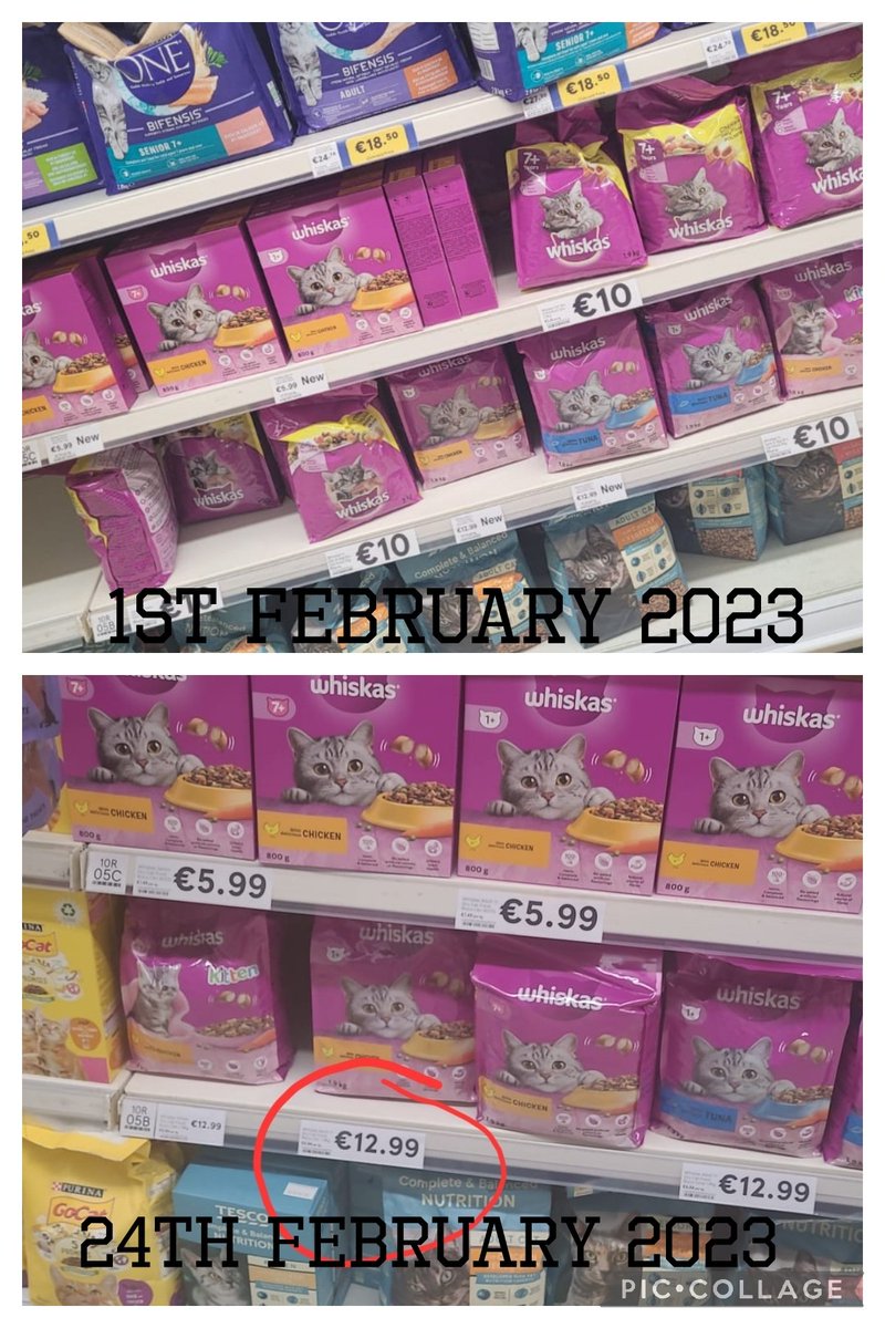 In less than a month the price of <a href="/whiskas_uk/">WHISKAS UK</a> has jumped from €10 for a 2kg bag to €12.99 for a 1.9kg bag. €3 more for 100g less! It was €8 for 2kg a year ago! Cats will be moving to a different brand. Ridiculous. #Cats #Whiskas #CostOfLivingCrisis
