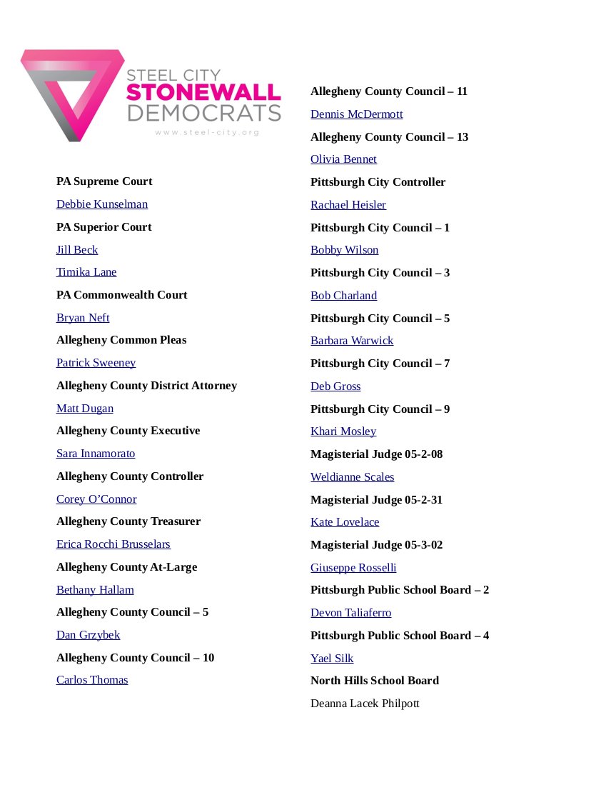 Steel City Stonewall Democrats (@stonewallpgh) on Twitter photo The Steel City Stonewall Dems announce our 2023 endorsed primary candidates! <a href="/StonewallPGH/">Steel City Stonewall Democrats</a> <a href="/pghDSA/">Pittsburgh DSA</a> <a href="/AlleghenyDems/">Allegheny County Democratic Committee</a> <a href="/YoungDems_AGH/">YDAC - Young Democrats of Allegheny County</a> <a href="/QBurghMag/">QBurgh</a> <a href="/ThePUPNews/">Pittsburgh Union Progress 📰</a> <a href="/PGHCityPaper/">Pittsburgh City Paper</a> <a href="/905wesa/">90.5 WESA</a> <a href="/PublicSourcePA/">PublicSource</a> <a href="/CPotterPgh/">Chris Potter</a> <a href="/RyanDeto/">Ryan Deto</a> <a href="/PghLesbian24/">Sue Kerr 🐈🐈⬛🦄🐱</a> The Steel City Stonewall Dems announce our 2023 endorsed primary candidates! <a href="/StonewallPGH/">Steel City Stonewall Democrats</a> <a href="/pghDSA/">Pittsburgh DSA</a> <a href="/AlleghenyDems/">Allegheny County Democratic Committee</a> <a href="/YoungDems_AGH/">YDAC - Young Democrats of Allegheny County</a> <a href="/QBurghMag/">QBurgh</a> <a href="/ThePUPNews/">Pittsburgh Union Progress 📰</a> <a href="/PGHCityPaper/">Pittsburgh City Paper</a> <a href="/905wesa/">90.5 WESA</a> <a href="/PublicSourcePA/">PublicSource</a> <a href="/CPotterPgh/">Chris Potter</a> <a href="/RyanDeto/">Ryan Deto</a> <a href="/PghLesbian24/">Sue Kerr 🐈🐈⬛🦄🐱</a>