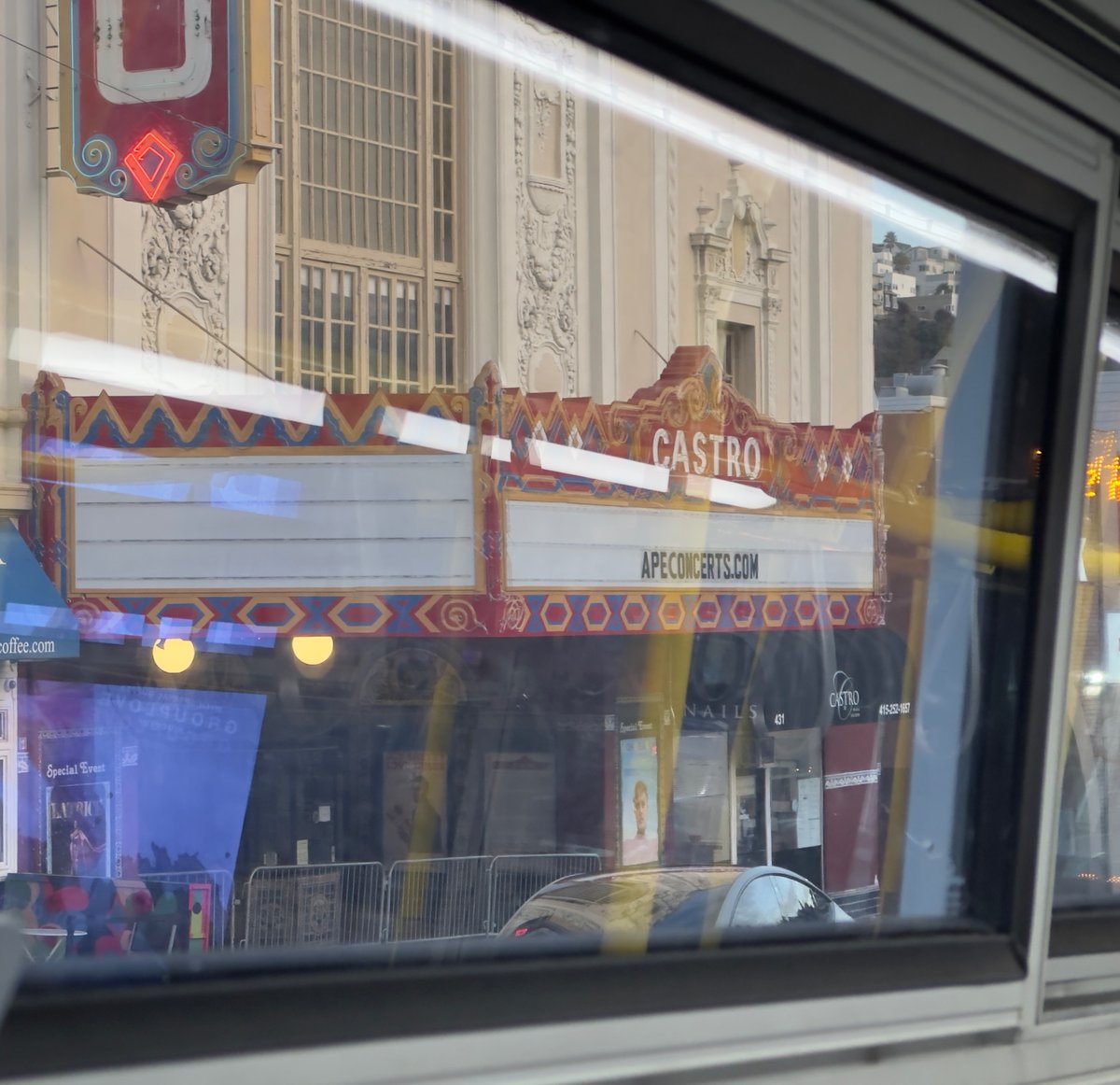 tigerbeat's tweet photo. @MichaelPetrelis @SFFILM @Castro_Theatre @apeconcerts @SaveTheCastro @Hoodline @SFist @SFHeritage @BRfilmsAllen @byabartlett @SFMarMendoza @48hills @RebeccaSolnit @mikeolcese @amusedmuse @LeeHepner @KQEDnews @dpna @Wagnerian There is nothing on the schedule yet https://t.co/lBM3xb7ZLb My bus just passed the Castro. Looks like posters are promoting events at other APE venues & the awful Nasser letter is still up. #castrotheatre #savethecastro #savetheseats https://t.co/4hTVzH73Bs