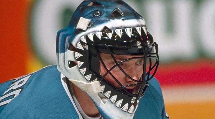 Goalies911's tweet photo. Brian Hayward - cool mask! 🦈 https://t.co/L6lRoZR8jd