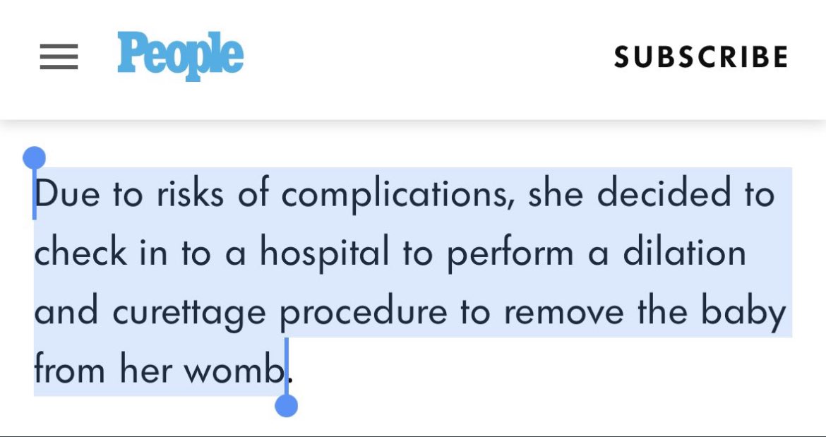 DUE TO RISKS OF COMPLICATIONS, she had an ABORTION. In many states, thanks to a movement her family not only embraced but built a brand on and profited from, she would not have had the ability to manage the risks complications or get the care she needed.