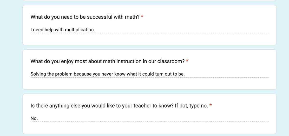 Math mindset survey feedback from my 3rd graders. I love reading these to catch a glimpse of what life is like in our math class from their pov. You never know until you ask! #googlechat #teachertwitter #edtech #Mindfulness #iteachmath