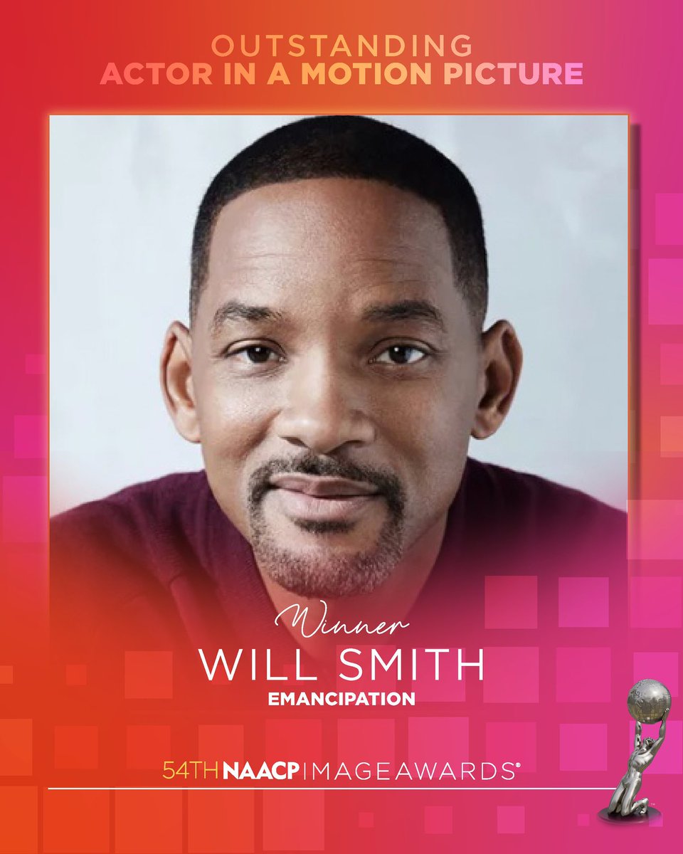 naacpimageaward's tweet photo. Congratulations #WillSmith 🎉
Outstanding Actor in a Motion Picture.
#Emancipation 🏆54th #NAACPImageAwards
#OurStories #OurCulture #OurExcellence https://t.co/RZkEThuZ8Y