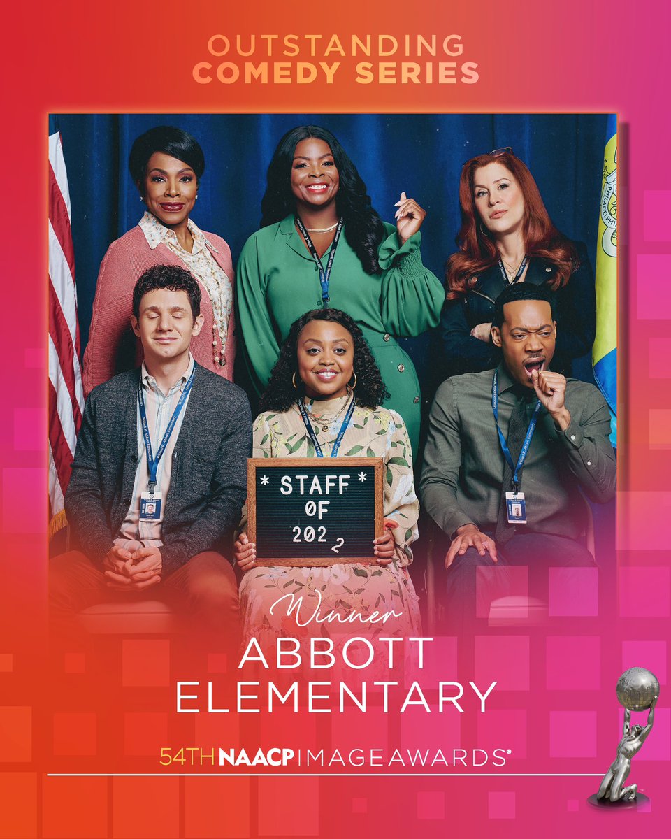 naacpimageaward's tweet photo. Congratulations to Outstanding Comedy Series @AbbottElemABC 🎉
54th #NAACPImageAwards
#OurStories #OurCulture #OurExcellence https://t.co/LgZo16XCOs