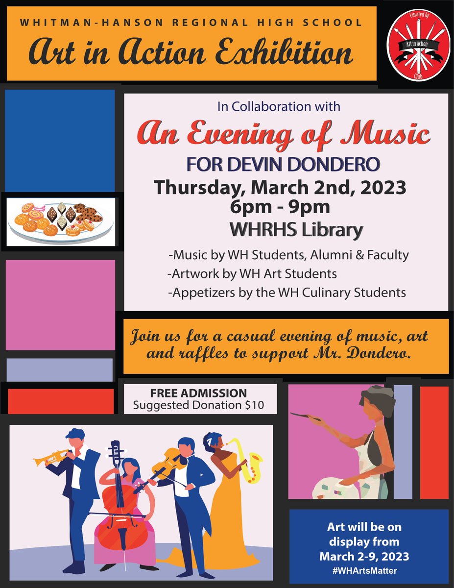Celebrate the arts at WHRHS. Live bands, visual art, tasty treats &amp; raffle prizes. FreeAdmission, with a $10 suggested donation. All proceeds go to support &amp; honor Mr.Dondero. The public is welcome. #WHPantherPride
 #WHArtsMatter
