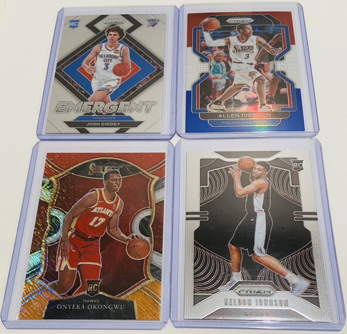 archway_breaks's tweet image. 1. 21-22 Prizm Emergent Josh Giddey - $2.50

2. 21-22 Prizm Red White Blue Allen Iverson - $5

3. 20-21 Select Shimmer Onyeke Okongwu RC - $1.50

4. 19-20 Prizm Keldon Johnson RC - $2

See pinned post for details. 
#stacksaturday #thehobby