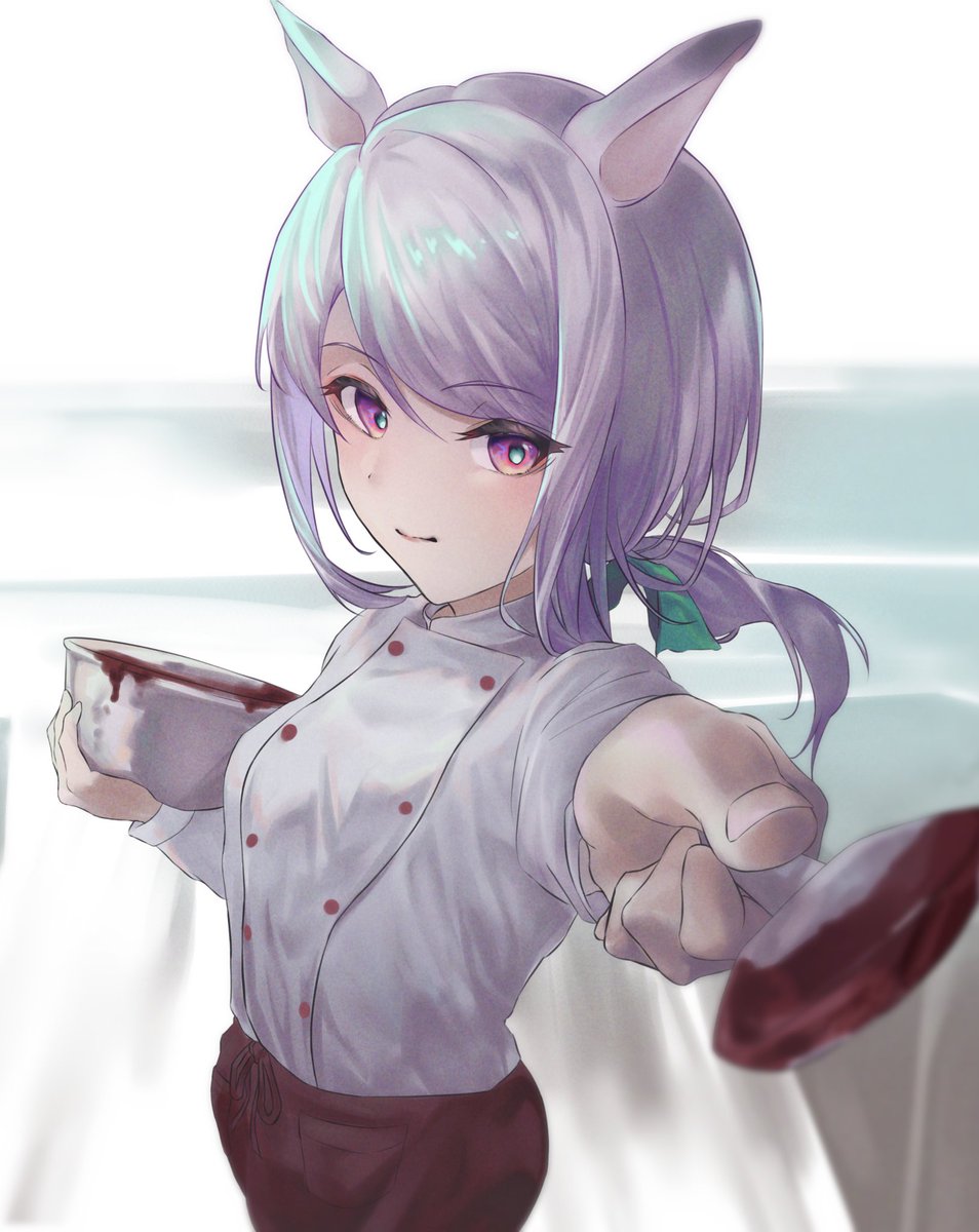 mejiro mcqueen (umamusume) 1girl animal ears horse ears solo purple eyes holding chef  illustration images