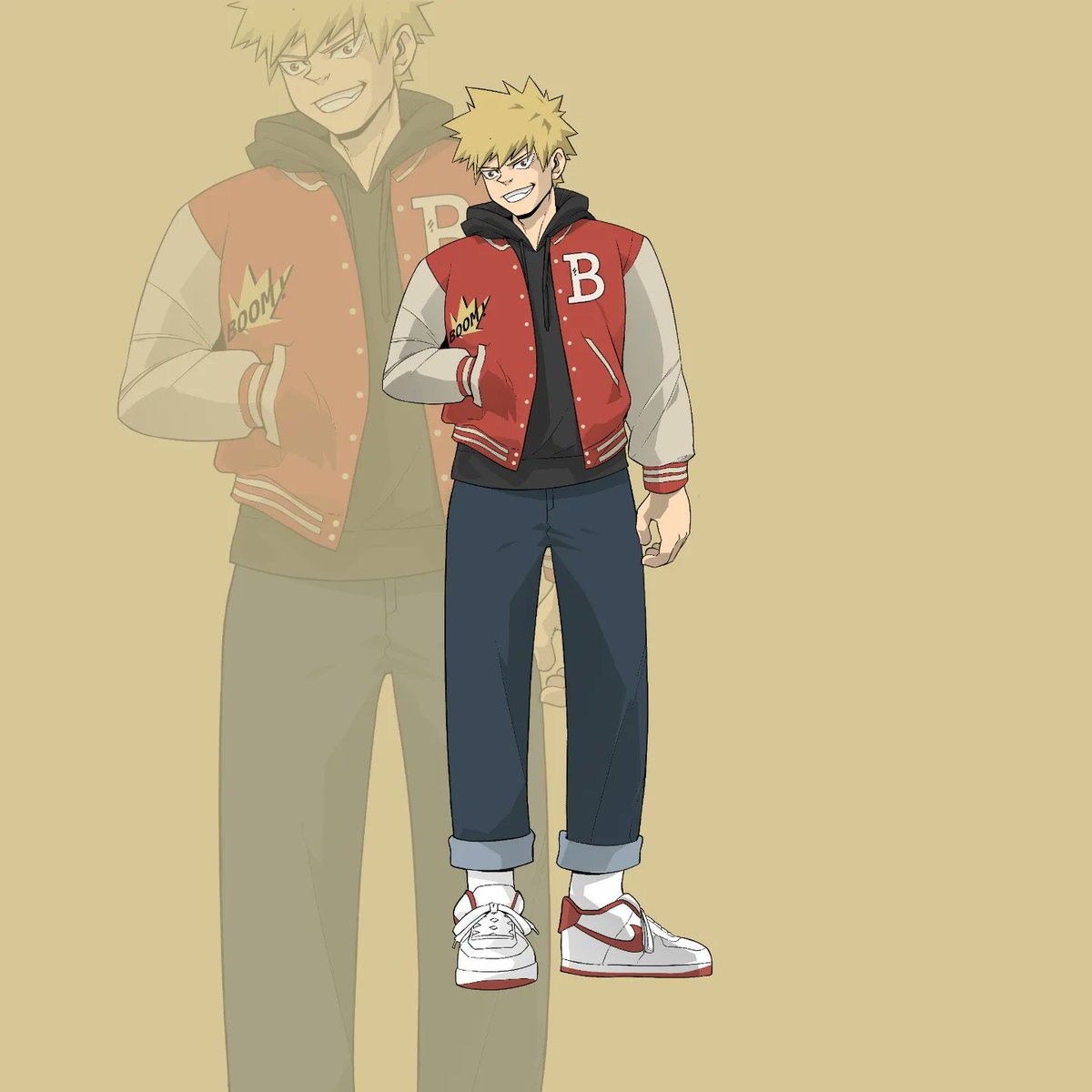 Bakugo Mix and Match 
Refrence : 
Varsity Jacket
Sweater Hoodie 
Dark Blue Wash Jeans 
Nike Air Force 1 low 'red'
#bakugo  #varsityjacket  #anime #animelooks #digitalpainting #comic #digitalillustration #illustration #localbrandindonesia
#nikeairforce #varsityjacket #jeans