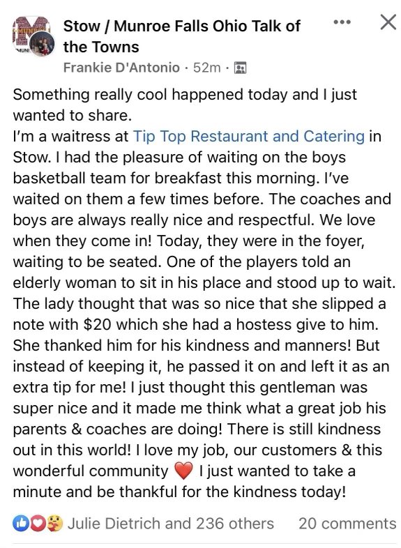 Thank you, Frankie, for the kind words. We love <a href="/tiptopstow/">Tip Top Restaurant</a>! Thanks for the great service &amp; food! We love taking our young men out into the community. They’re the best!
#ProudToBeABulldog
#SupportLocalBusiness
#MoreThanHoops