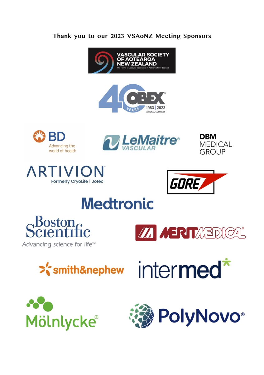 Many thanks for all our invaluable sponsors and hoping to see everyone soon in Nelson! #vsaonz <a href="/ObexMedical/">Obex Medical</a> <a href="/BDandCo/">BD</a> <a href="/LMAT_Vascular/">LeMaitre</a>  @dbmmedicalgroup <a href="/ArtivionInc/">Artivion</a> <a href="/WLGore/">Gore</a> <a href="/MedtronicANZ/">Medtronic Australia and New Zealand</a> <a href="/BostonSciWDD/">BostonScientificWDD</a> <a href="/MeritMedical/">Merit Medical</a> <a href="/SmithNephewPLC/">Smith+Nephew</a> @intermedmedical <a href="/molnlyckehc/">Mölnlycke Health Care</a> <a href="/PolyNovoLTD/">PolyNovo Biomaterials Ltd.</a>