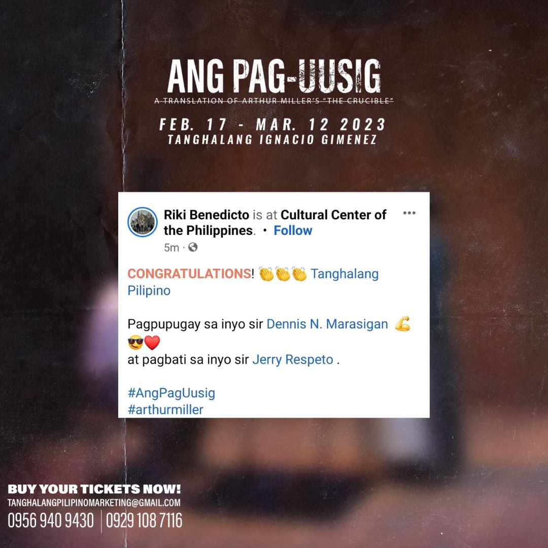 tanghalangPH's tweet photo. The amount of love and support ANG PAG-UUSIG has been receiving is phenomenal! Thank you for sharing your amazing feedback! Keep them coming! 🤩

#PAGUUSIG2023
#AngPagUusig
#TanghalangPilipino
#TP36
#MulingPaghatol
#UtakPusoBayan
#CCPBlackBoxTheater
#PaguusigReactions https://t.co/TynUmVvmy8