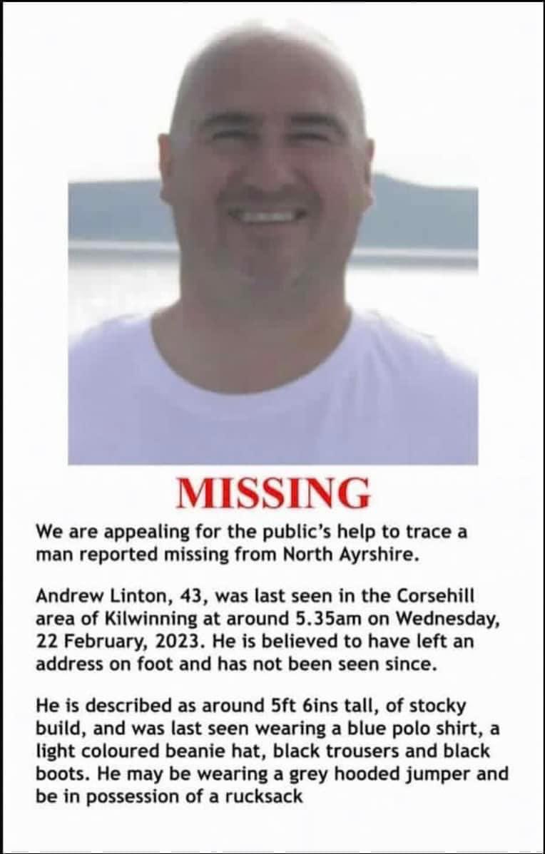 ‼️PLEASE RT‼️ Andrew has been missing from the Corsehill area of Kilwinning from Wednesday morning however could be anywhere by now. He’s 5ft6inch and a stocky build. He was last seen wearing dark blue top and trousers however could have changed. RT’s appreciated🤍
