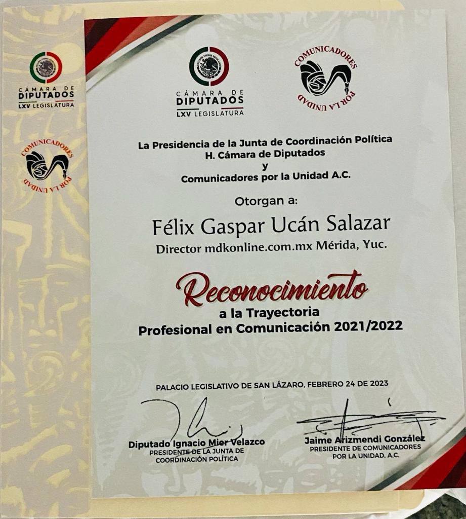 FidelOvandoZ's tweet photo. Felicito a Felix Ucán Salazar @ucancom por este muy merecido reconocimiento de la cámara de diputados federal y comunicadores por la Unidad, a su extraordinaria trayectoria, como uno de los mayores referentes en comunicación escrita en su natal Yucatán y el país 🇲🇽. Enhorabuena! https://t.co/KnWt6yPQRq