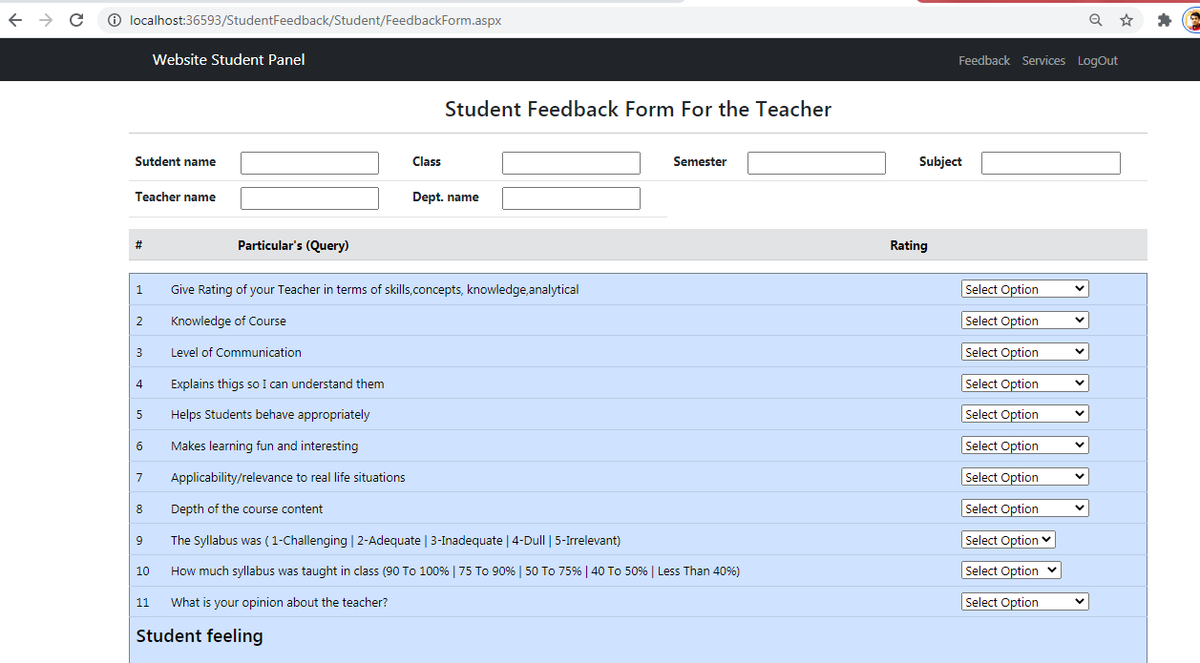 thecoderbaba's tweet image. Student Feedback form for Teacher in ASP .NET C# &amp;amp; SQL Server Database
#CoderBaba
@thecoderbaba