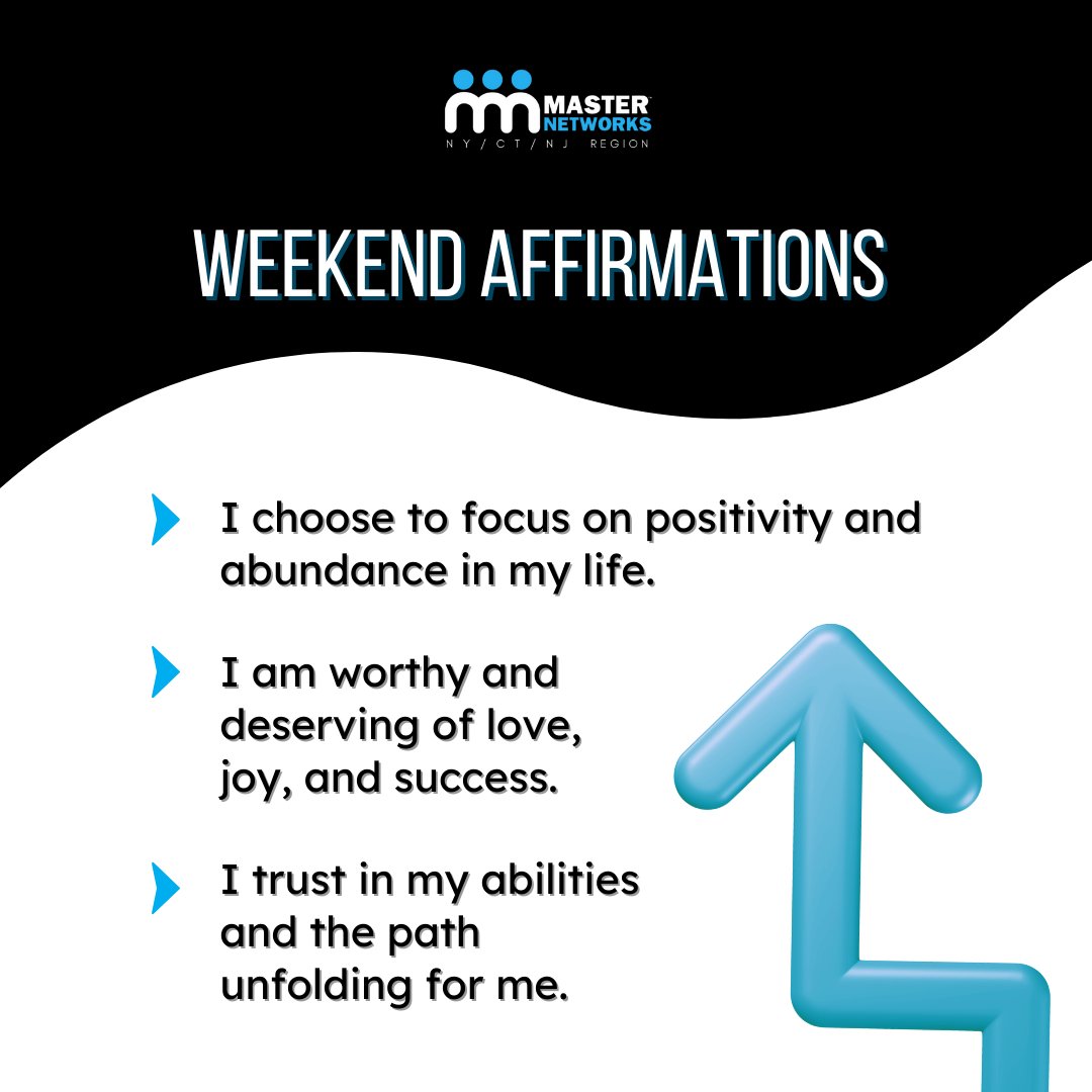 Networking_NY's tweet image. It's the weekend, and that means it's time to recharge and refocus! 

Affirmations are a powerful tool to help us stay positive, motivated, and on track. Here are three of our favorites 🤩

Happy weekend! ☀️
🔵
⚫
🔵
#Wearemasternetworks #networkforlife