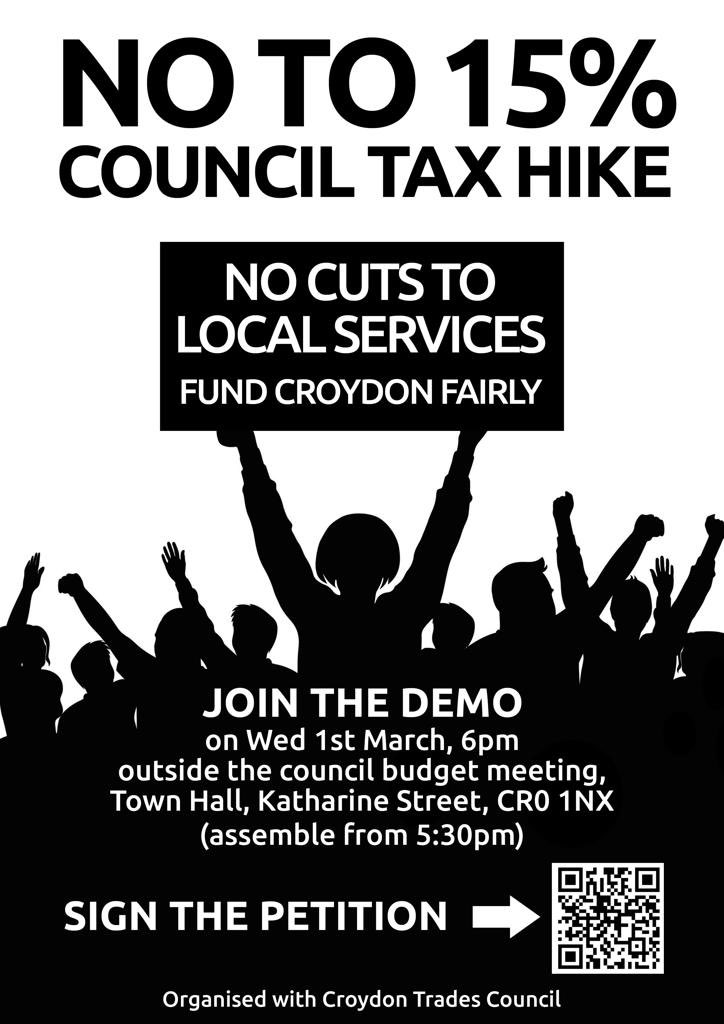 paulapeters2's tweet photo. #NoTo15
#NoCuts
#FundCroydonFairly 

Join the Croydon Demo 
1st March 2023 
Arrive at 5.30 pm for 6pm start 
Croydon Town Hall 
Katherine St 
Croydon CRO 1NX https://t.co/JcD49Lk2Wq