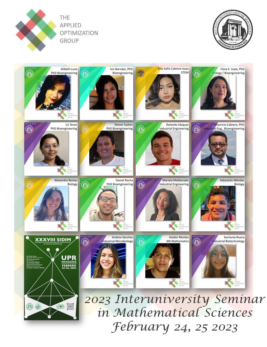 AppliedOptUPRM's tweet photo. Congratulations to our AOG Achievers on their poster presentations!!! 

#UPRM #MathematicalSciences #UPRMBioengineering #UPRMEngineering @UPR_Oficial #CROEM #2023SIDIM https://t.co/X9MS1ibLxm