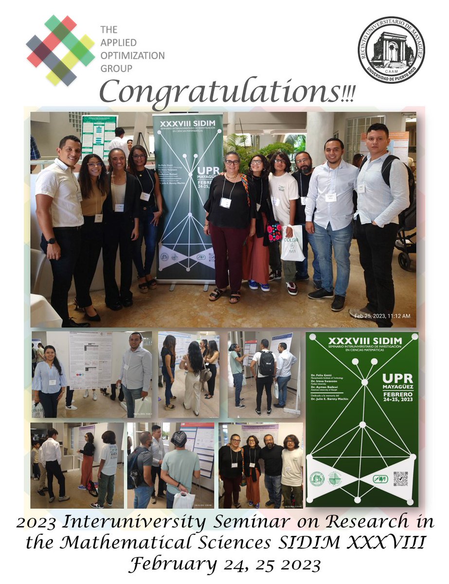 AppliedOptUPRM's tweet photo. Congratulations to our AOG Achievers on their poster presentations!!! 

#UPRM #MathematicalSciences #UPRMBioengineering #UPRMEngineering @UPR_Oficial #CROEM #2023SIDIM https://t.co/X9MS1ibLxm