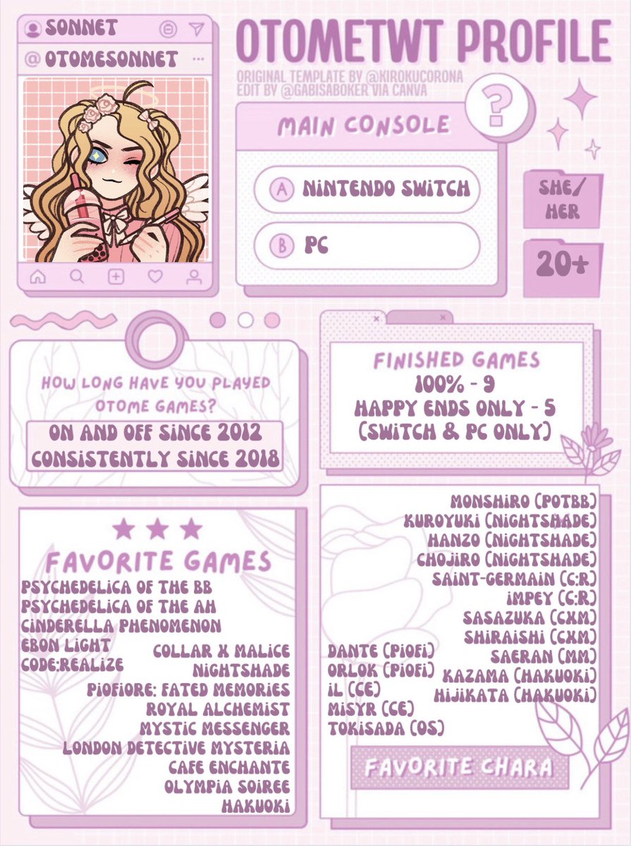 otomesonnet's tweet image. Here’s my new #otometwtintro! It’s been over a year since the last one and my long favorites list has grown 🤪 I always love talking about otome with new people! Let’s be moots! 💖