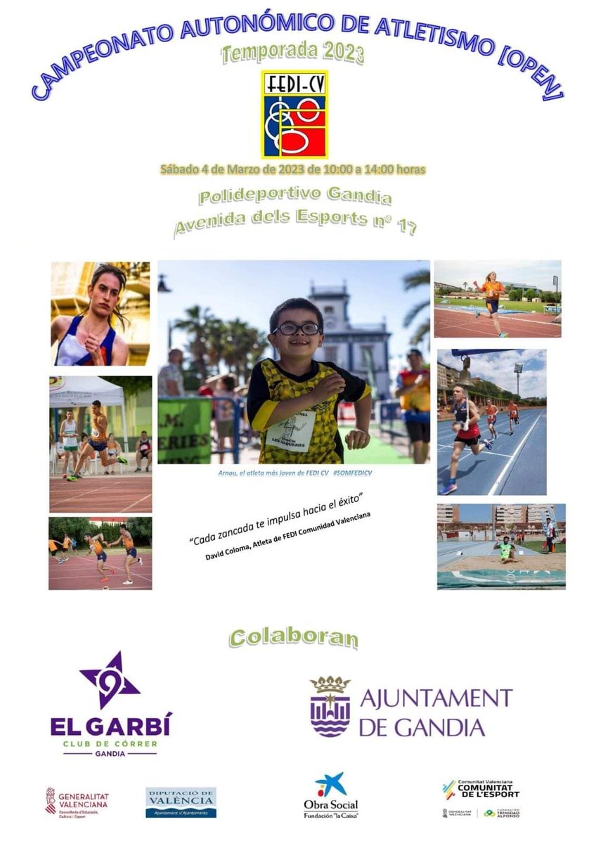 fedi_cv's tweet photo. #CampeonatoAutonomicoAtletismo2023FEDICV y Open Atletismo #FediCV
➡️ Martes 28 de Febrero a las 10:30
Presentación Campeonato Autonómico Atletismo 2️⃣0️⃣2️⃣3️⃣
➡️ Sábado dia 4 de Marzo|
Cto. Autonómico Atletismo 2️⃣0️⃣2️⃣3️⃣ Polideportivo Gandia
De 10:00-14:00
#SOMFEDICV
@GVAculturesport https://t.co/lKxhY45Khc