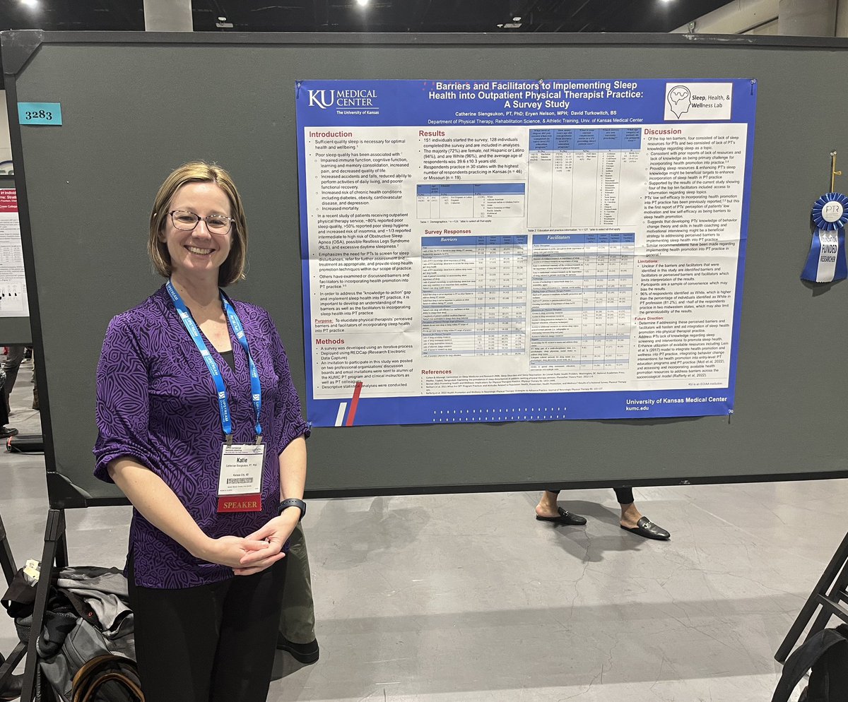KatieSleepPT's tweet image. Come visit poster #3283 to learn about the @KUMedCenter SleepWell Lab’s work on barriers &amp;amp; facilitators to implementing #sleephealth into PT practice! @APTAcsm #APTACSM #CSM2023 #sleepmatters
