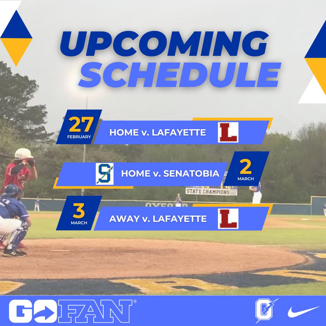 OxfordMSB's tweet photo. It's Opening Week for your OMS Baseball Chargers. 3 opportunities to see the guys and 2 at the Moak! You know where to be! #PackTheMoak #ChargedUp https://t.co/Cd0nbayX59