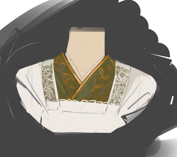 昨日のお店の店長さんが着てた割烹着が良かったので描いてみたけど全然思い出せんw首元きゅっと包むような硬い材質で重い色で黄色のラインが映えてて白いエプロン?に柄があったような…無かったような…服の詳細聞いとけばよかった 
