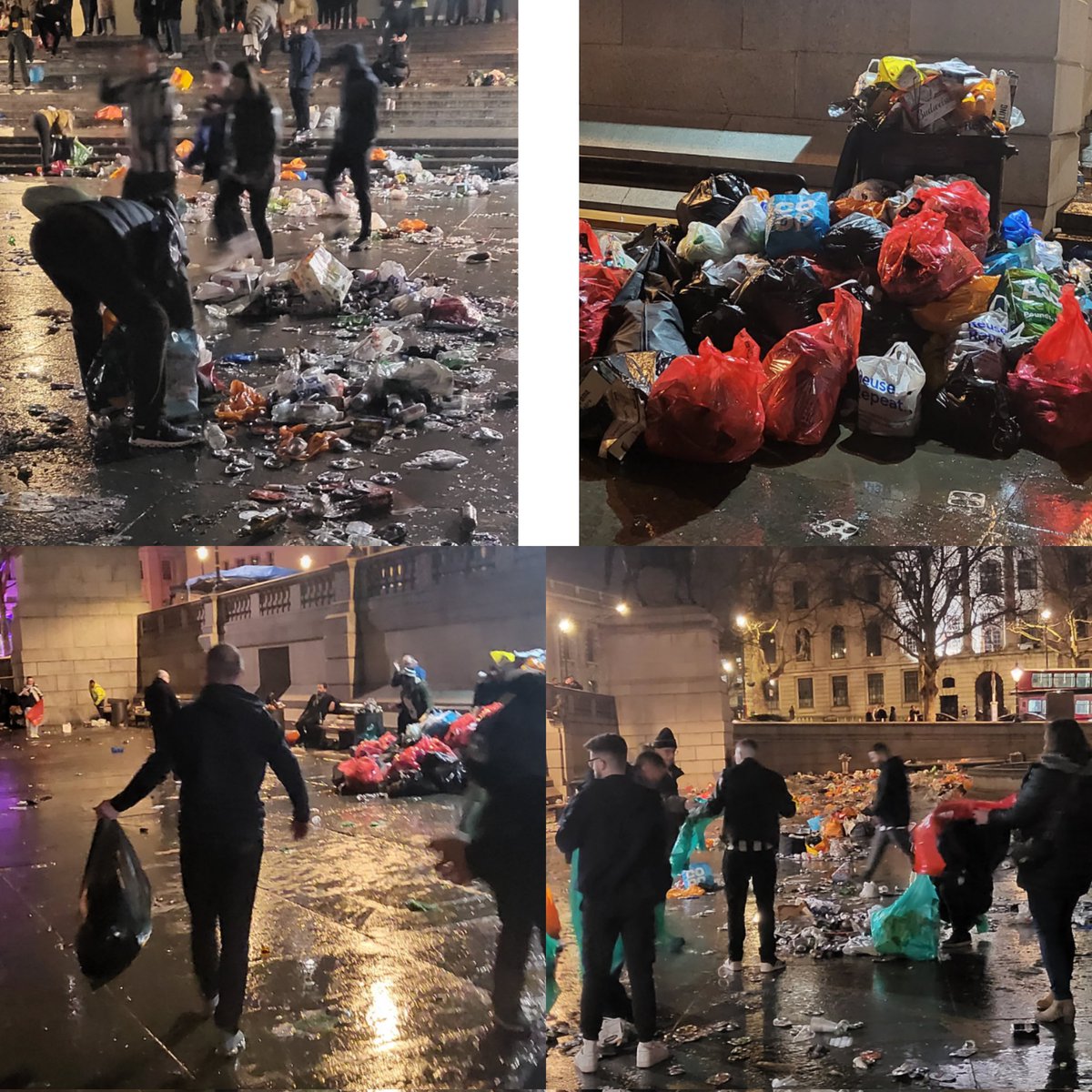 The clean up of trafalgar square has started. Everyone is grabbing a bag 👍 #nufc ⚫️⚪️⚫️⚪️