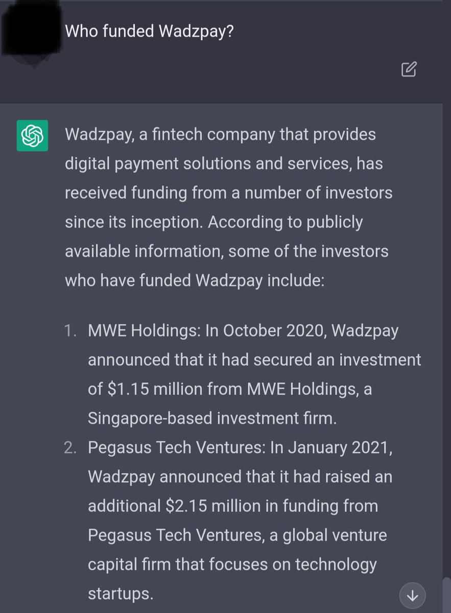 ryandubbz's tweet image. Asking #ChatGPT about @Wadzpay and who their investors are, and this is what happened! Now keep in mind this info is based off pre 2022 data. 👀

#Wadzpay $WTK #WTK #investors #WeAreWadzPay #blockchain #uae #cbdc #digitalcurrency #fintech  #payments #xdc #xrp #qnt #bnb #eth #algo
