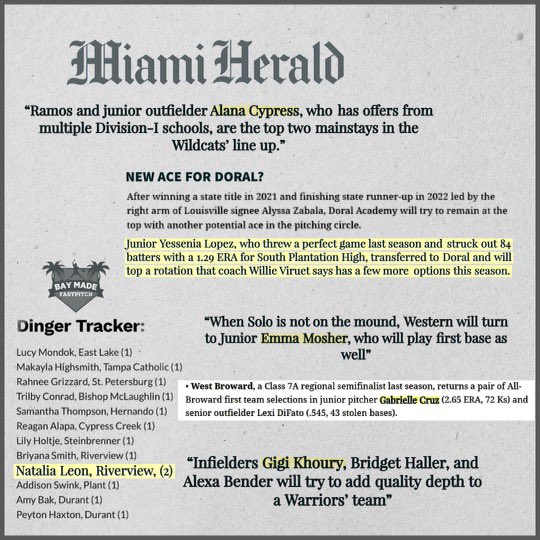FloStarsNatl's tweet photo. What a week of softball openers for our FLG girls we had several @MiamiHerald mentions and 1 @BMFastpitch mention in opening week alone looking forward to so many more!! @Los_Stuff @NCAASoftball @ExtraInningSB @SoFlaFastpitch @MIASoftball305 @MaxPreps https://t.co/KPJxUeafIM